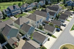 An aerial view of a residential neighborhood.