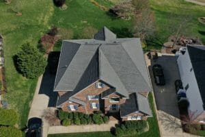 An aerial view of a house with a roof.
