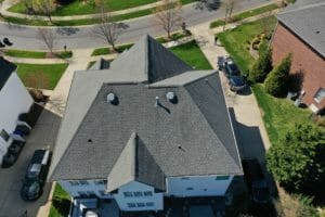 An aerial view of the roof of a house.
