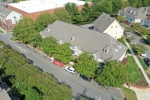 An aerial view of a residential neighborhood.