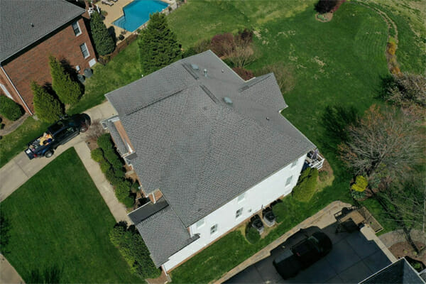 Overhead view of a new asphalt roof in Bells Crossroads NC